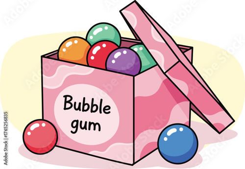 Colorful Bubble Gum Candies in a Pink Box, Ready to Enjoy at a Party or Celebration; A Sweet Treat, Delightful Snack, or Colorful Graphic for an Invitation, Poster, or Children's Book. Featuring Chewy