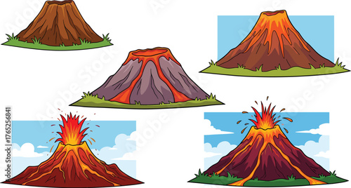 Volcano Eruption Stages Illustration: Depicting Active Volcanoes in Various Phases, From Dormant to Explosive, Set Against Sky Backgrounds, Educational Resource for Science, Geography Lessons, Cartoon