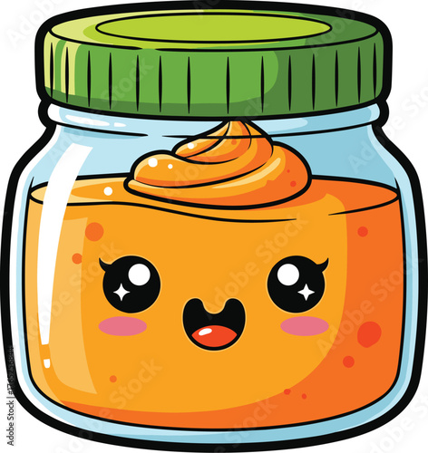 Adorable Jar of Baby Food Smiling Cheerfully - Perfect for Promoting Healthy Eating Habits and Nutritional Education Materials in Pediatrics, with a Charming Cartoon Style, Suitable for Children's Boo