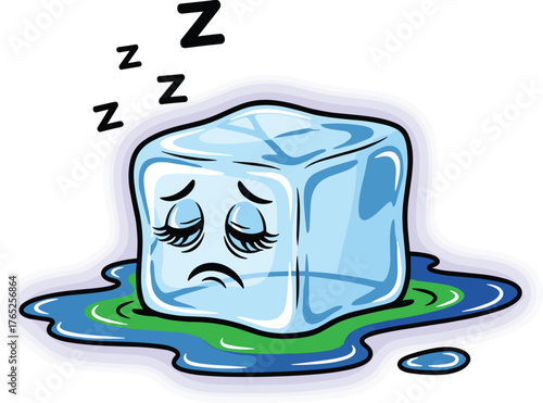 Sad Sleeping Ice Cube Melting in a Puddle on a White Surface, Cartoon Style Illustration for Climate Change Awareness, Environmental Issues, Global Warming Concepts, Educational Use in Science, Busine