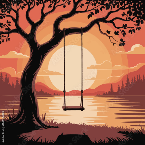 Tree swing hanging over a lake at sunset water