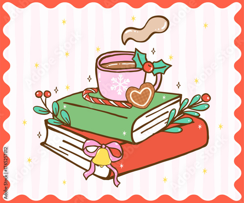 Cute Coquette Gingham Christmas Cozy Reading Bookish Stack Books with Hot Drink Festive cartoon hand drawn holiday illustration