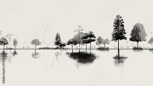 Un paisaje sereno con árboles estilizados y sus reflejos en el agua tranquila