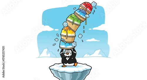Dapper Penguin Balancing Colossal Melting Ice Cream Cone Tower