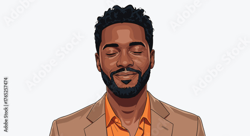 Smiling African American Man Meditating in Business Suit with Eyes Closed, Peaceful and Calm Expression in Professional Setting for Corporate Wellness Presentation and Modern Marketing Campaign (Vecto