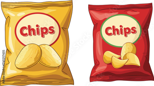 Crispy Potato Chips in Bright Packaging for Snack Food Advertising, Featuring Yellow and Red Bags on White Background - Ideal for Marketing Materials, Presentations, and Commercial Use, Delicious Tast