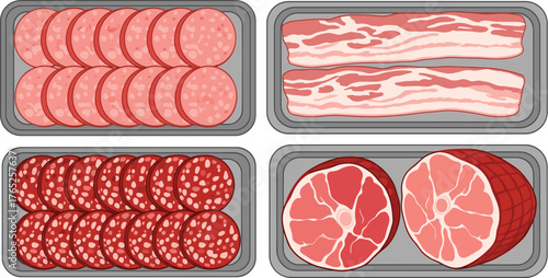Arrangement of Cured Meats & Charcuterie, Including Salami & Bacon in Gray Trays Ready for Cooking, Food Preparation, or Marketing Material; Perfect for Butcher Shops, Grocery Stores, Restaurants & Co