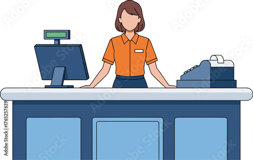 Friendly Retail Worker at Checkout Counter Ready to Serve Customers in a Modern Store Setting, Illustration for Business, Service Industry, or Healthcare, Professional Environment for Presentations, M
