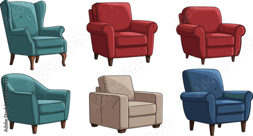 Assorted Armchairs Showcase:  Comfortable Upholstered Seating for Home Interior Design, Furniture Selection for  Living Spaces,  Illustration Styles for Presentation Material,  Variety of Colors & Sty