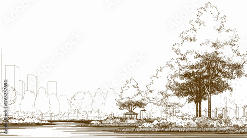 Ilustración de un paisaje urbano con árboles frondosos y un cuerpo de agua sereno.