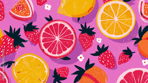 Patrón vibrante de frutas cítricas y fresas sobre fondo rosa con flores blancas pequeñas.
