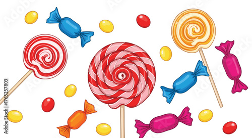 Colorful Candy Assortment Illustration: Sweet Treats Galore, Perfect for Party Invitations, Festive Marketing, and Fun Educational Materials - Lollipops, Hard Candies, Bonbons, and Confections, Cheerf