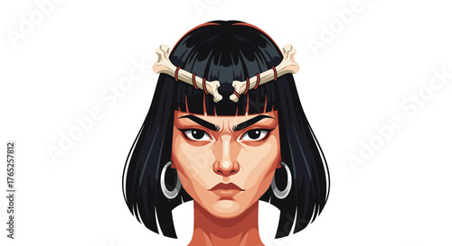 Intense Woman Warrior with Bone Crown Stares Intensely, Tribal Leader in Ancient Times, Confident Leader in Decorative Graphic Style for Fantasy Artwork and Historical Illustrations (Angry, Strength,