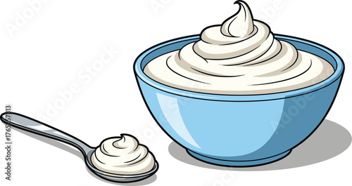 Delicious Whipped Cream Dessert in Blue Bowl with Spoon, Perfect for Sweet Treat Presentations: An Appetizing Culinary Illustration of Frosting, Dairy Delight, and Confectionary Indulgence for Restaur
