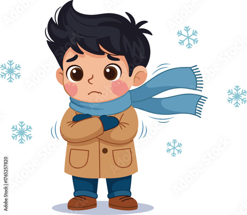 Shivering Young Boy Feeling Cold Outdoors in Winter: A Cute Cartoon Illustration of a Child with Dark Hair, Wearing a Blue Scarf and Brown Coat, Shaking from the Cold Weather Surrounded by Snowflakes,