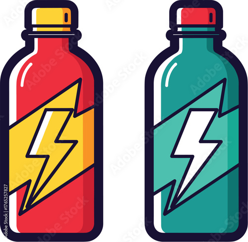 Two Energy Drinks Bottled for Enhanced Stamina, Representing a Healthy Lifestyle and Sporty Activity, Used for Marketing and Advertising in the Beverage Industry, Bright Colors with a Bold and Modern