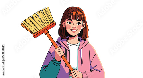 Cheerful Young Woman Holding Broom Ready to Clean Home, Spring Cleaning Illustration for Housekeeping, Residential Cleaning Services,  Modern Cartoon Style, Vector Art for Advertising, Presentation, L
