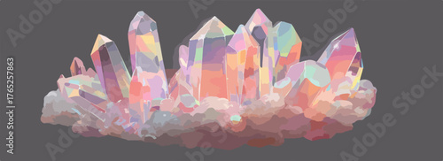 Cristales de cuarzo iridiscentes con tonos pastel sobre fondo gris oscuro, arte digital.
