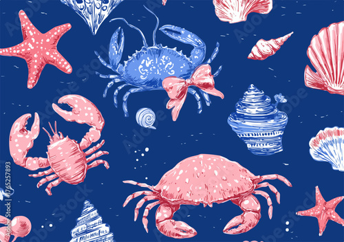 Patrón sin costuras de cangrejos y conchas marinas en acuarela sobre fondo azul marino
