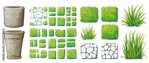 Conjunto de elementos vectoriales para jardinería y paisajismo, incluyendo macetas, piedras y vegetación.