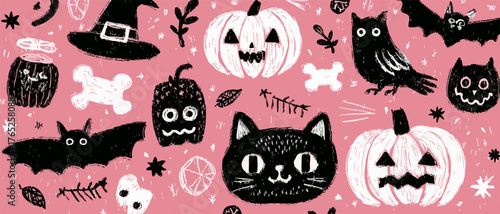 Diseño vectorial sin costuras para Halloween, presentando una colección festiva de calabazas, gatos negros, murciélagos y sombreros de bruja en un fondo rosa.