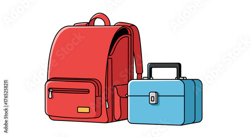 Red School Backpack and Blue Lunchbox Ready for Education: Preparing for Learning, Organized Supplies for Students in a Clean Modern Style for Educational Presentations and Back-to-School Marketing Ca