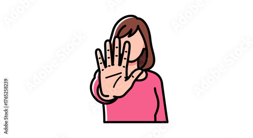 Woman Gesturing Stop with Hand in Defense - Upset Female Showing Denial and Rejection in Studio Setting - Protection Against Harassment, Abuse, Domestic Violence, Discrimination - Illustration for Pre