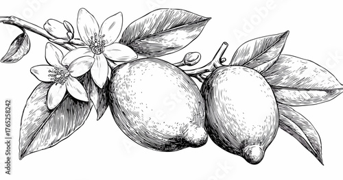 Ilustración vectorial detallada de limones frescos con hojas y flores en una rama, evocando la naturaleza cítrica y su aroma.