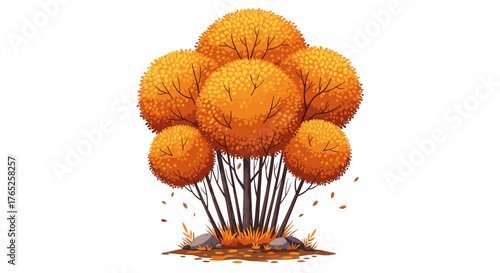Autumnal Tree Cluster Illustration in Golden Hues against White Backdrop, Ideal for Nature-Themed Designs, Seasonal Greetings, and Educational Resources, Depicting a Decorative Round-Leafed Plant with