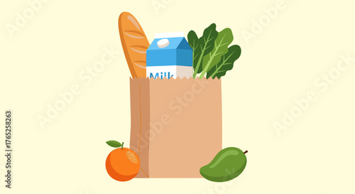 Fresh Grocery Shopping Haul in Paper Bag: Healthy Food Items, Milk, Bread, Produce Illustration for Supermarket Promotion, Nutrition Education, Eco-Friendly Lifestyle, Colorful Cartoon Style, Modern G