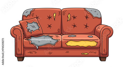 Cartoon Damaged Couch Isolated on White Background Displaying Wear and Tear, Illustrating Neglect and Decay in Home Decor, Depicting Abandonment for Interior Design Projects and Renovation Needs, Feat