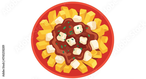 Appetizing Poutine Dish Overhead on Red Plate, a Canadian Cuisine Classic Featuring French Fries, Cheese Curds, and Gravy, Ideal for Food Blogging and Restaurant Marketing. Illustrative Image for Menu