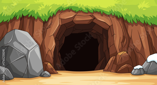 Cartoon Cave Entrance to Dark Underground Cavern Environment with Boulder Outcrop in Rock Face, Illustration for Storytelling, Nature, Adventure, Mystery, and Fantasy Concepts in Animated Style, Backg
