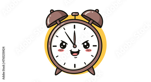 Cartoon Alarm Clock Character Smiling at Noon: Cute Kawaii Mascot for Kids Education, Time Management, Reminders, and Animated Designs, Perfect for Illustrations, Presentations, and Motivational Conte