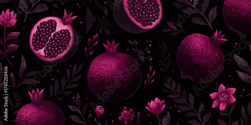 Un patrón sin costuras de granadas vibrantes y elementos florales en tonos magenta sobre un fondo oscuro, ideal para diseños decorativos y empaques.