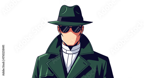 Mysterious Detective in Trench Coat Investigating City Streets, A Conceptual Illustration of Surveillance and Intrigue, in a Modern Cartoon Style, Perfect for Criminal Justice Presentations, Corporate