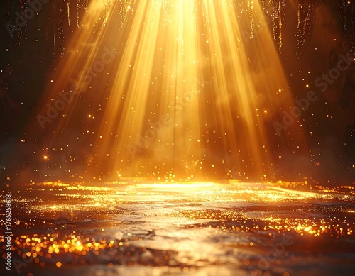 Abstract depiction of radiant light beams, stage-like with golden particles