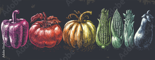 Esta ilustración vectorial muestra una vibrante variedad de vegetales nutritivos, perfectos para una dieta equilibrada y un estilo de vida saludable.