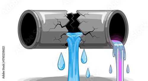 Leaking Pipe Illustration with Cracked Concrete Showing Blue and Purple Water Streams Indicating Damage and Repair Needs, Ideal for Plumbing, Construction, or Environmental Concepts in Modern Web Desi