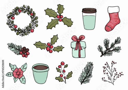 Esta colección vectorial presenta elementos navideños dibujados a mano, como coronas, acebo, regalos y adornos festivos para diseño gráfico.