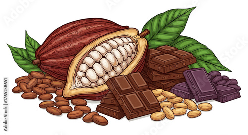 Artistic Chocolate Arrangement with Cacao Pod and Beans, Stacked Dark and Milk Chocolate Squares with Green Leaves Illustration for Confectionery Designs and Sweet Food Presentations (Hand-Drawn Style