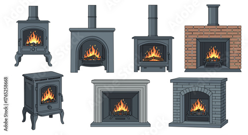 Cozy Fireplaces Ignited: A Collection of Cartoon Fireplaces Burning Brightly in Various Designs, Providing Warmth for Home Heating, Interior Design Projects, & Architectural Renderings, Offering a Tra