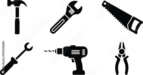 Collection of black silhouette hand tools including hammer saw wrench drill and pliers
