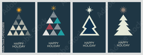 Simple geometric christmas tree design postcards with text "happy holidays"