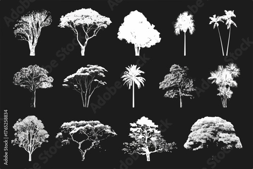 Impresionante colección vectorial de siluetas de árboles diversos, perfecta para proyectos de diseño gráfico y visualización arquitectónica, ofreciendo variedad natural.