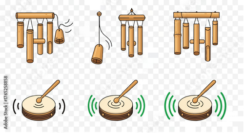 Authentic Asian Percussion and Chimes Collection Vector Icons