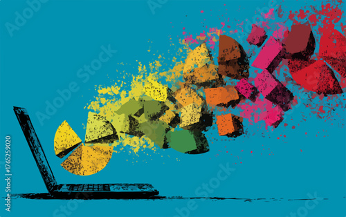Un diseño vectorial vibrante muestra una explosión de datos coloridos emergiendo de una computadora portátil sobre un fondo azul.
