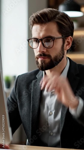 A man in glasses is at a desk. His hand is raised. He looks focused and professional