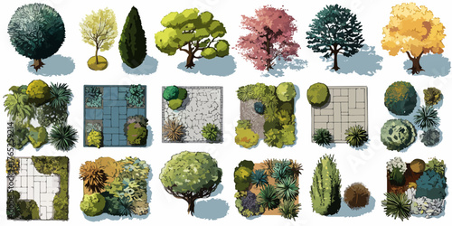 Ilustración vectorial de árboles y jardines, mostrando una variedad de plantas y elementos de diseño para paisajismo y arquitectura.