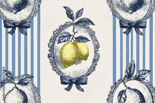 Elegante patrón vectorial con limones dorados en marcos ornamentados con lazos azules sobre rayas azules y blancas, ideal para diseño.